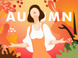Cartoon character of beautiful girl enjoying season of Hello Autumn. Can be used as poster or greeting card design.