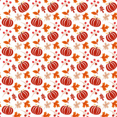 Seamless pattern with acorns, pumpkin and autumn oak leaves in Orange and Brown. Perfect for wallpaper, gift paper, pattern fills, web page background, autumn greeting cards