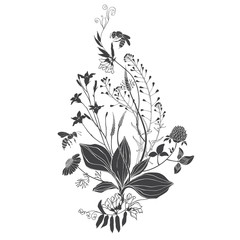 A bouquet of wild flowers and herbs with bees. Summer background. Black and white vector illustration. Isolated element for design on white. Silhouette.