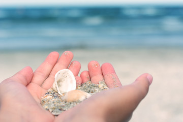 Palms holding seashells and sand. Travel concept
