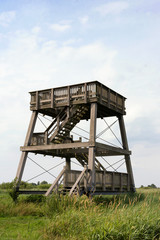 View on a wooden watchtower in the green environment of the national park De Alde Feanen in the province of Friesland, the Netherlands. From the watchtower birds and wildlife can be observed.