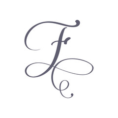 Vector Hand Drawn calligraphic floral F monogram or logo. Uppercase Hand Lettering Letter F with swirls and curl. Wedding Floral Design
