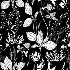 Seamless vector pattern with wildflowers on a black background. Grass mouse peas with flowers, plantain and shepherd's purse, bluebell, clover.Silhouettes.