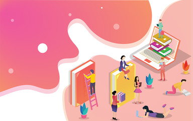 Isometric illustration of people studying or preparing from online library on abstract background for Education or learning concept. Can be used as web banner design.