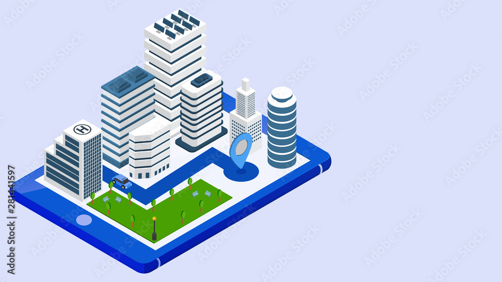Canvas Prints 3d isometric illustration of smart city view with taxi tracking location from smartphone for augment