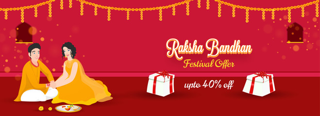 Naklejka premium Advertising header or banner design with illustration of young girl tying Rakhi on her brother wrist and 40% discount offer for Raksha Bandhan Sale.