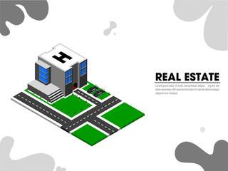 Website landing page design with isometric view of hospital building with ambulance parking space for Healthcare or Real Estate concept.