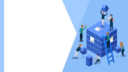 Business people working together to complete the project for Company betterment and success concept based isometric design.