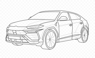 Vector contour car on transparent background. American automobile outline. Auto.