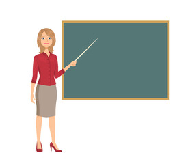 Female teacher holds pointer in her hand and showing on blackboard. Vector illustration of school pedagogue in classroom at lesson in cartoon flat style.