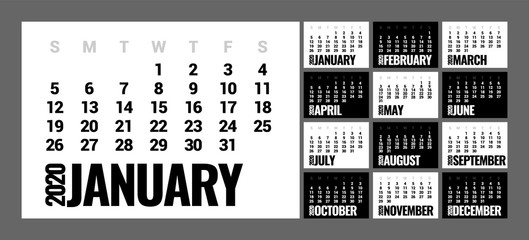 Calendar for 2020 year in minimal simple style. Week Starts on Sunday. Set of 12 Months.