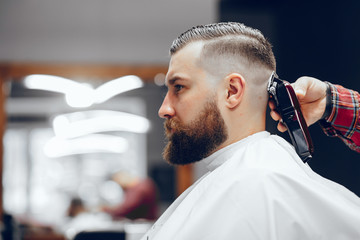 Hairdresser with a client. Man with a beard. Guy in a barbershop - obrazy, fototapety, plakaty