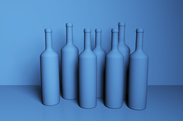 Blue colored unlabeled wine bottles with blue background. 3d rendering.