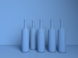 Blue colored unlabeled wine bottles with blue background. 3d rendering.