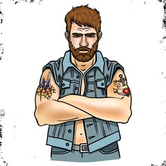 Vector illustration of a brutal bearded man, macho with Old School tattoo folded his arms over his chest