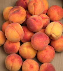 Fototapeta na wymiar heap of ripe yellow-red round peaches