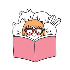 Cartoon cute back to school girl and animals reading book vector.