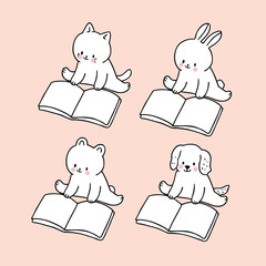 Cartoon cute back to school animals reading book vector.