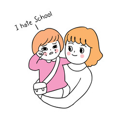 Cartoon cute back to school mother and daughter crying vector.