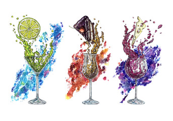 A glass of margarita cocktail and a piece of lemon in splashes, cognac and piece of cake, wine and cheese on abstract splashes background, hand painted watercolor with ink drawing illustration