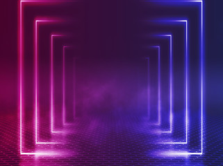 Empty background scene. Dark reflection of the street on the wet asphalt. Rays of blue and red neon light in the dark, neon figures, smoke. Background of empty stage show. Abstract dark background.