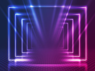 Empty background scene. Dark reflection of the street on the wet asphalt. Rays of blue and red neon light in the dark, neon figures, smoke. Background of empty stage show. Abstract dark background.