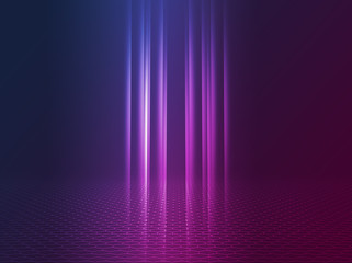 Empty background scene. Dark reflection of the street on the wet asphalt. Rays of blue and red neon light in the dark, neon figures, smoke. Background of empty stage show. Abstract dark background.