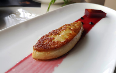 Fried foie gras with cherry sauce
