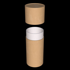 Kraft paper cardboard tube package mock up. 3d render on black background.