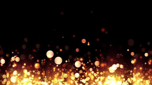 Background with shiny golden particles. Glittering rising gold particles. Beautiful bokeh light background. Golden confetti with magical shimmering sparkling light. Seamless loop