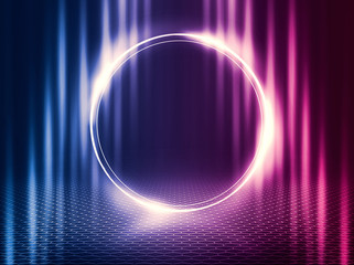 Empty background scene. Dark reflection of the street on the wet asphalt. Rays of blue and red neon light in the dark, neon figures, smoke. Background of empty stage show. Abstract dark background.