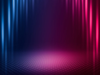 Empty background scene. Dark reflection of the street on the wet asphalt. Rays of blue and red neon light in the dark, neon figures, smoke. Background of empty stage show. Abstract dark background.