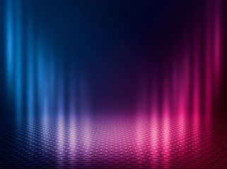 Empty background scene. Dark reflection of the street on the wet asphalt. Rays of blue and red neon light in the dark, neon figures, smoke. Background of empty stage show. Abstract dark background.