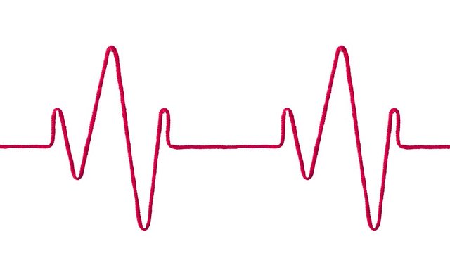 medical concept photo of heart with red yarn thread like ECG pattern, isolated on white background.  heart and pulse line on white background.