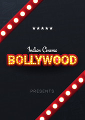 Bollywood indian cinema. Movie banner or poster in retro style with hand draw doodle background.