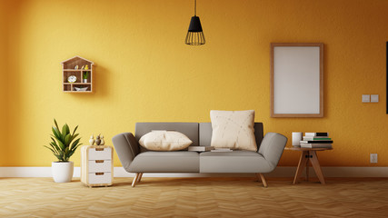 Interior poster mock up living room with colorful white sofa . 3D rendering.