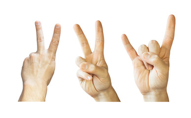 Rocker gesture hand. Peace gesture hand. Game gesture fingers. Hand gestures isolated on white background.