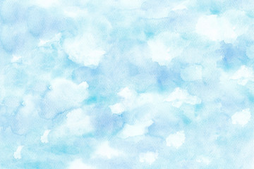 雲のまばらな青空の背景　水彩イラスト