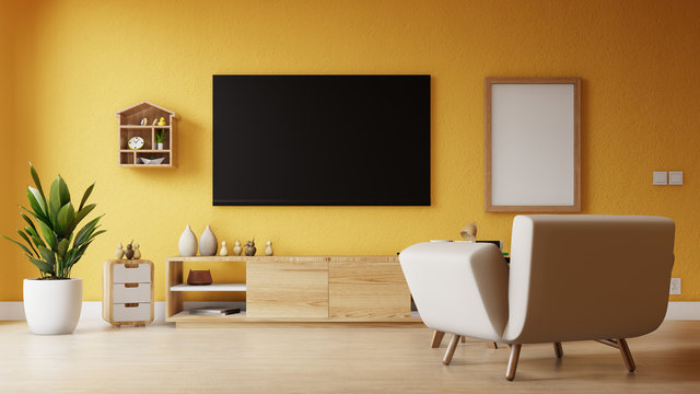 Interior poster mock up living room with colorful white sofa . 3D rendering.
