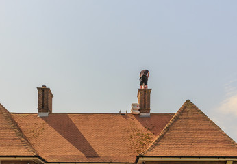 Chimney liner installation on a 1930 built house. A skilled installer can be seen placing the metal liner tube inside the chimney working at a high level.