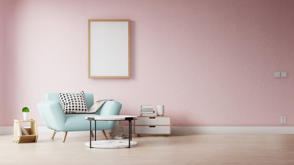 Interior poster mock up living room with colorful white sofa . 3D rendering.