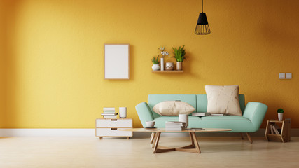 Interior poster mock up living room with colorful white sofa . 3D rendering.