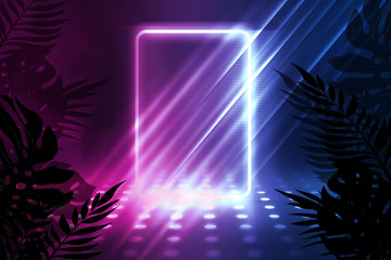 Background of empty dark scenes with neon lights and shapes, smoke. Silhouettes of tropical palm leaves in the foreground. Bright futuristic abstract background