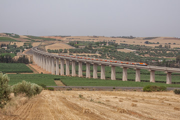 Passenger train riding over a long viaduct