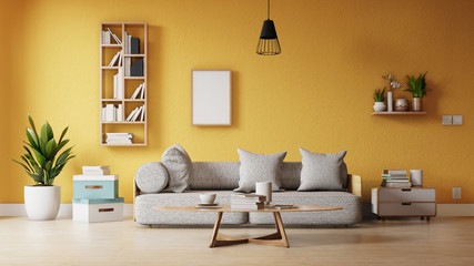 Interior poster mock up living room with colorful white sofa . 3D rendering.