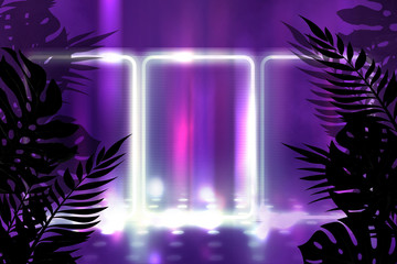 Background of empty dark scenes with neon lights and shapes, smoke. Silhouettes of tropical palm leaves in the foreground. Bright futuristic abstract background