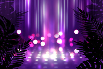 Background of empty dark scenes with neon lights and shapes, smoke. Silhouettes of tropical palm leaves in the foreground. Bright futuristic abstract background