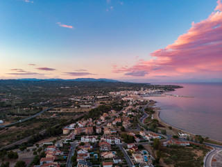 The incredible sunset over L'Ampolla, Catalonia, Spain. Drone aerial photo