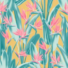Wall murals Paradise tropical flower Tropical crane flower vector seamless pattern. Jungle exotic tropical plant fabric design. South African plant tropical blossom of crane flower, strelitzia. Floral textile print.