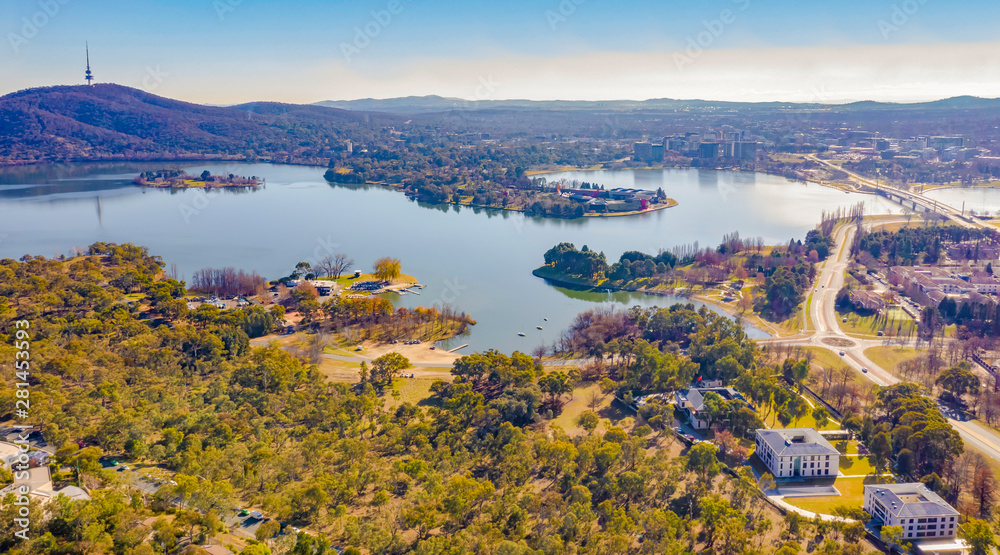 Wall mural panorama view of canberra, the capital city of australia, looking north over lake burley griffin wit - Wall murals
